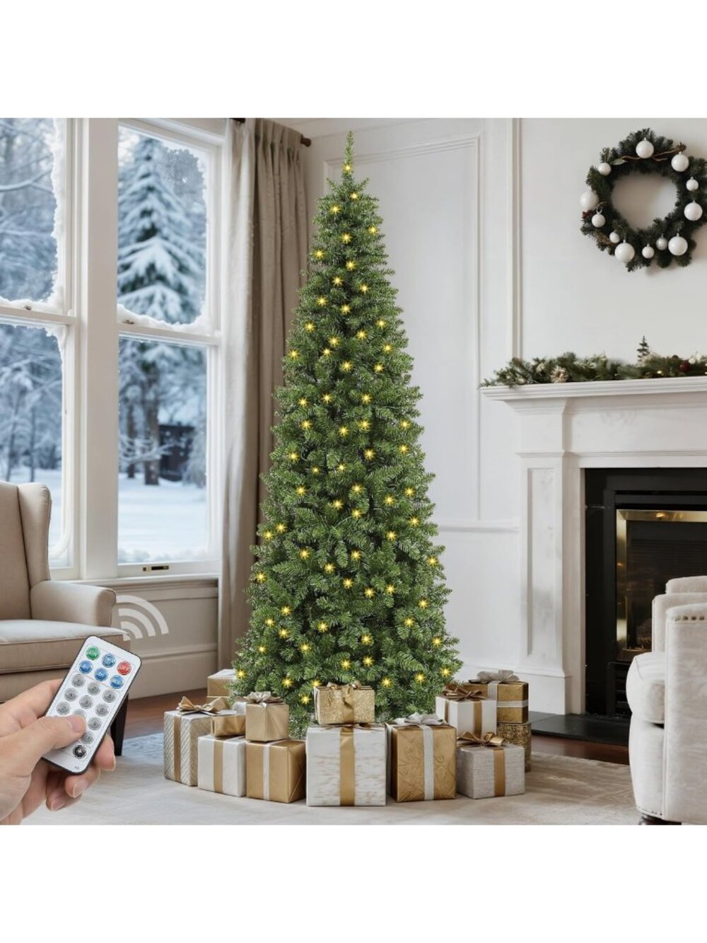 7.5 FT Prelit Green Pencil Christmas Tree with Remote - Perfect Holiday Decor!